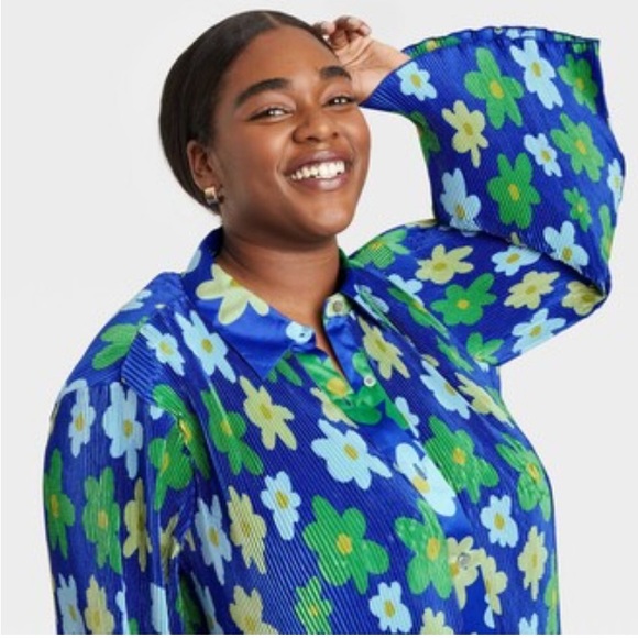 SAMMY B Stretchy Comfortable Button Down Blouse Pleated Plisse 3X Blue  NWOT - Picture 2 of 9